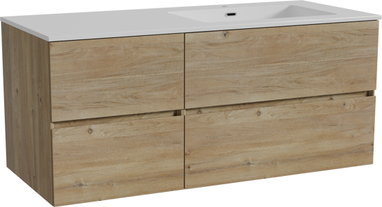 Storke Edge meuble salle de bains suspendu 120 x 52 cm chêne brut avec Diva plan vasque asymétrique à droite en marbre composite blanc brillant