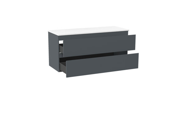 Linie Lado meuble salle de bains suspendu 120 x 46 cm bleu anthracite avec Lado tablette double en marbre composite blanc brillant