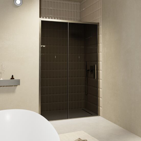 Balmani Senses Design Dusche Schiebetür, umkehrbar, 140 cm x 210 cm, Rauchglas, Profil Brushed GunMetal