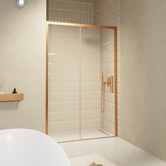 Balmani Senses Design douche schuifdeur omkeerbaar 140 cm x 210 cm Helder glas, Brushed Rosegold profielen