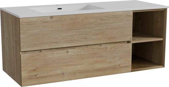 Storke Edge zwevend badmeubel 130 x 52 cm ruw eiken met Diva asymmetrisch linkse wastafel in composietmarmer hoogglans wit