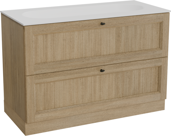 Balmani Lemon staand badkamermeubel 120 x 55 cm verweerde eik met Tablo Oval enkele wastafel voor 2 kraangaten in solid surface mat wit