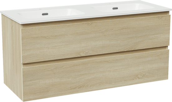 Linie Lado zwevend badmeubel 120 x 46 cm wit eiken met Baro dubbele wastafel in porselein hoogglans wit