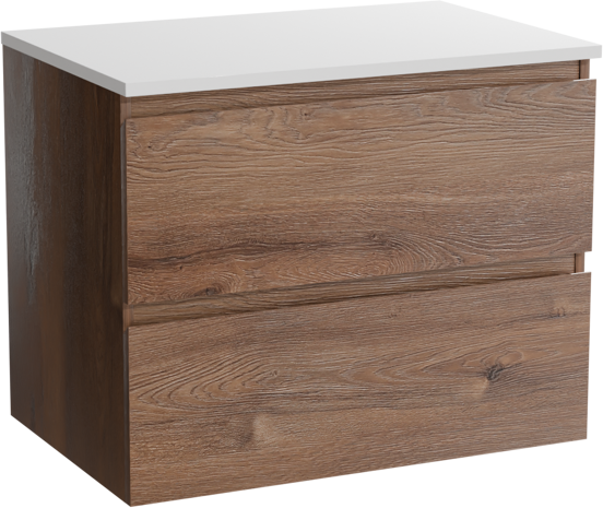 Linie Lado zwevend badkamermeubel 70 x 46 cm bruine eik met Lado enkel tablet in composietmarmer mat wit