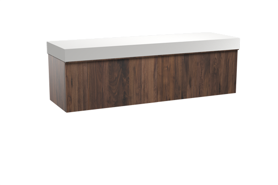 Balmani Forma meuble salle de bains suspendu 180 x 55 cm noyer américain avec Dominus tablette simple ou double en solid surface blanc mat, Nervure droite symétrique verticale