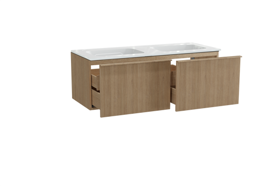 Balmani Forma zwevend badkamermeubel 135 x 55 cm natuur eik met Tablo Strada dubbele wastafel in composietmarmer glanzend wit, Verticale symmetrische rechte ribbel
