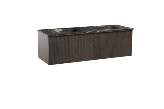 Balmani Forma zwevend badkamermeubel 150 x 55 cm gerookte eik met Tablo Arcato dubbele wastafel in marmer portoro gold, Verticale symmetrische rechte ribbel