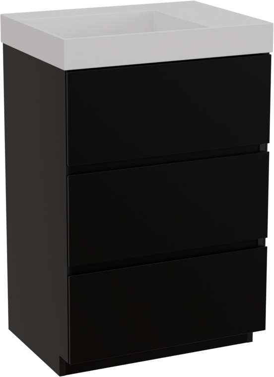 Storke Edge staand badkamermeubel 60 x 46 cm mat zwart met Jura asymmetrisch linkse wastafel in solid surface mat wit