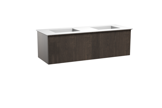 Balmani Forma zwevend badkamermeubel 150 x 55 cm gerookte eik met Tablo Stretto dubbele wastafel in solid surface mat wit, Verticale symmetrische rechte ribbel