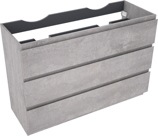 Linie Lado stehender Waschbeckenunterschrank: 120 x 46 cm, Beton dunkelgrau, 3 Schubladen, 2 Siphonaussparungen