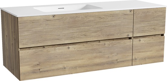 Storke Edge zwevend badmeubel 140 x 52 cm ruw eiken met Mata asymmetrisch linkse wastafel in solid surface mat wit