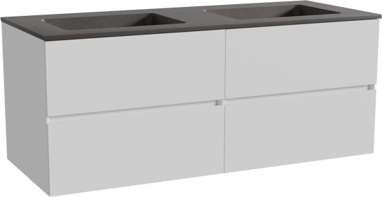 Storke Edge zwevend badmeubel 130 x 52 cm mat wit met Scuro dubbele wastafel in kwarts mat zwart