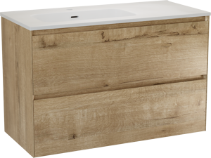 Balmani Mitra Compact zwevend badmeubel 100 x 46 cm ruw eiken met Nostra asymmetrisch linkse wastafel in porselein mat wit