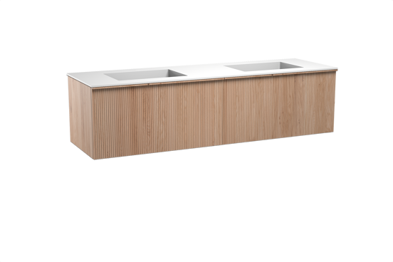 Balmani Forma zwevend badkamermeubel 180 x 55 cm natuur eik met Tablo Stretto dubbele wastafel in solid surface mat wit, Verticale symmetrische rechte ribbel