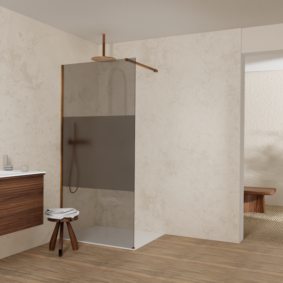 Balmani Modular inloopdouche: 100 x 200 cm, Rookglas met matte strook met coating, Brushed Rosegold profielen