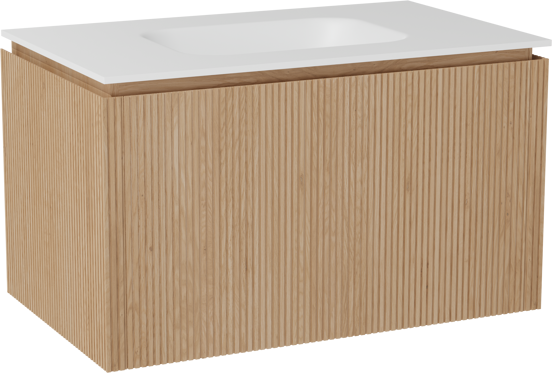 Balmani Eclips zwevend badkamermeubel 90 x 55 cm Natuur eik met Tablo Arcato enkele wastafel in Solid Surface mat wit, Verticale symmetrische rechte ribbel