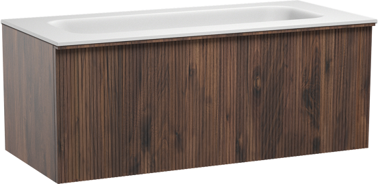 Balmani Forma meuble salle de bains suspendu 120 x 55 cm noyer américain avec Tablo Arcato lavabo simple pour 2 trous de robinet en solid surface blanc mat, Nervure droite symétrique verticale