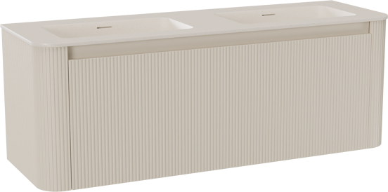 Storke Soft hängendes Möbelstück Set: 140 x 46 cm, Sand Matt, mit Mata Soft Doppelwaschtischplatte Solid Surface Beige Granit, Vertikale symmetrische gerade Rippe