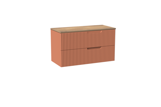 Linie Ribbo meuble salle de bains suspendu 100 x 46 cm cotto avec Lado tablette simple ou double en mélaminé chêne naturel, Nervure circulaire symétrique verticale