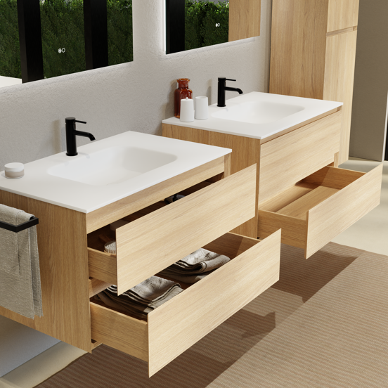 Balmani Mitra zwevend badmeubel 90 x 55 cm naturel eiken met Tablo Arcato enkele wastafel in solid surface mat wit