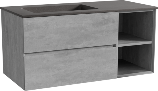 Storke Edge zwevend badmeubel 110 x 52 cm beton donkergrijs met Scuro asymmetrisch linkse wastafel in kwarts mat zwart