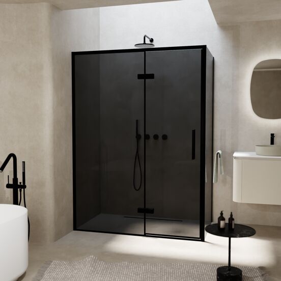 Balmani Senses Design douche en coin avec porte pivotante à gauche et paroi latérale fixe, 140 x 100 cm, Verre fumé, Profil noir