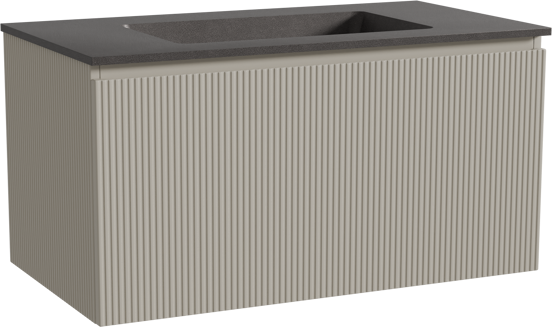 Storke Ribs zwevend badkamermeubel 95 x 52 cm zijdegrijs met Scuro enkele wastafel in kwarts mat zwart, Verticale symmetrische rechte ribbel