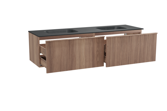 Balmani Forma zwevend badkamermeubel 180 x 55 cm teak met Tablo Arcato dubbele wastafel in graniet zwart, Verticale symmetrische rechte ribbel