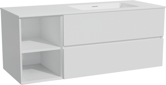 Storke Edge zwevend badmeubel 130 x 52 cm hoogglans wit met Mata asymmetrisch rechtse wastafel in solid surface mat wit