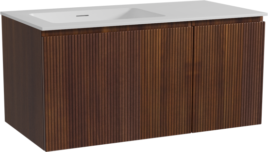 Storke Ribs zwevend badmeubel 100 x 52 cm notenhout met Mata asymmetrisch linkse wastafel in solid surface mat wit, Verticale symmetrische rechte ribbel
