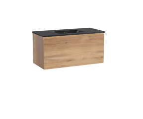 Linie Lado hängendes Möbelstück Set: 100 x 46 cm, Naturbelassene Eiche, mit Baro Einzelwaschtisch, Porzellan Schwarz matt