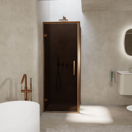 Balmani Senses Design douchehoek met linkse draaideur en vaste zijwand, 90 x 80 cm, Brons, Brushed Rosegold profielen, met coating