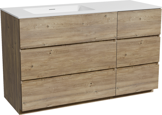 Storke Edge meuble salle de bains à poser 130 x 52 cm chêne brut avec Mata plan vasque asymétrique à gauche en solid surface blanc mat