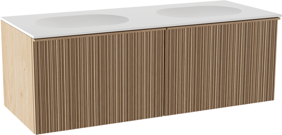 Balmani Forma zwevend badkamermeubel 135 x 55 cm natuur eik met Tablo Oval dubbele wastafel in solid surface mat wit, Verticale asymmetrische ronde ribbel