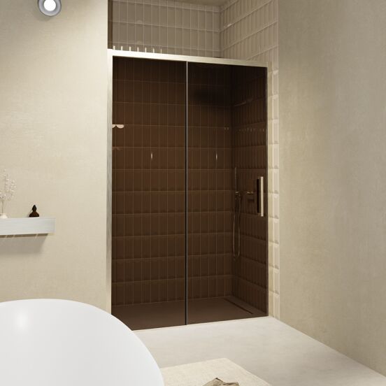 Balmani Senses Design Dusche Schiebetür, umkehrbar, 140 cm x 210 cm, Bronze Glas, Profil Brushed CoolMetal