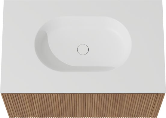 Balmani Eclips zwevend badkamermeubel 90 x 55 cm Teak met Tablo Oval enkele wastafel in Solid Surface mat wit, Verticale symmetrische rechte ribbel