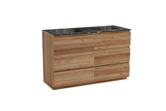 Balmani Lucida freistehendes Möbelstück Set: 135 x 55 cm, Teak, mit Tablo Arcato Doppelwaschtisch, Marmor Portoro Gold