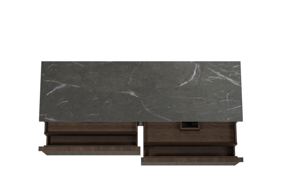 Balmani Forma zwevend badkamermeubel 180 x 55 cm gerookte eik met Stretto enkel of dubbel tablet in marmer pietra grey, Verticale symmetrische rechte ribbel