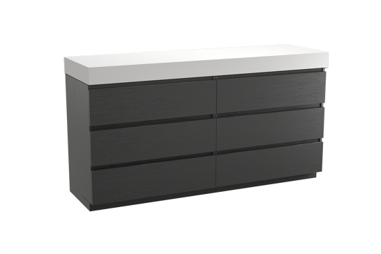 Balmani Lucida freistehendes Möbelstück Set: 180 x 55 cm, Schwarze Eiche, mit Dominus Einzel- oder Doppel Waschtischplatte, Solid Surface Weiß matt