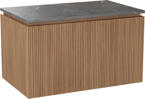 Balmani Eclips meuble salle de bains suspendu 90 x 55 cm Teck avec Stretto tablette simple en Pietra Grey marbre, Nervure droite symétrique verticale