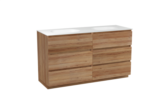 Balmani Lucida meuble salle de bains à poser 150 x 55 cm teck avec Tablo Oval double vasque en solid surface blanc mat