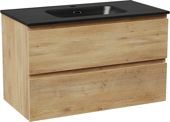 Linie Lado zwevend badmeubel 90 x 46 cm naturel eiken met Baro enkele wastafel in porselein mat zwart