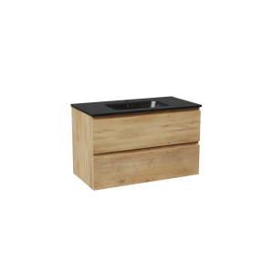 Linie Lado zwevend badmeubel 90 x 46 cm naturel eiken met Baro enkele wastafel in porselein mat zwart