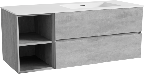 Storke Edge meuble salle de bains suspendu 130 x 52 cm béton gris foncé avec Mata plan vasque asymétrique à droite en solid surface blanc mat