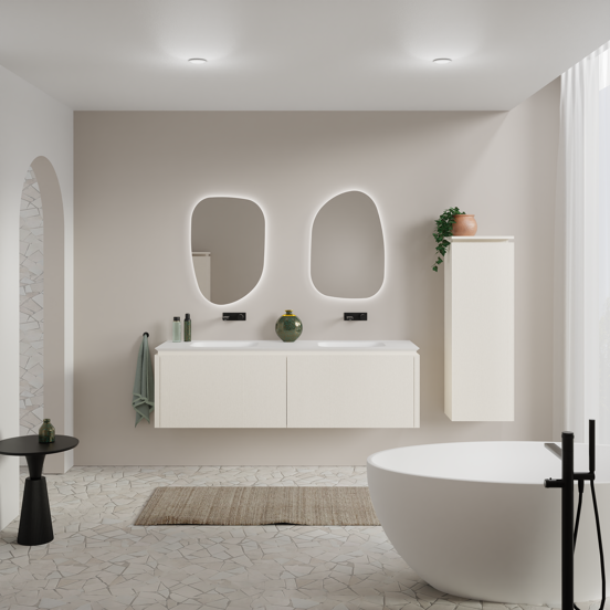 Balmani Eclips zwevend badkamermeubel 180 x 55 cm Sandbeige met Eclips dubbele wastafel in Solid Surface mat wit, Verticale symmetrische rechte ribbel