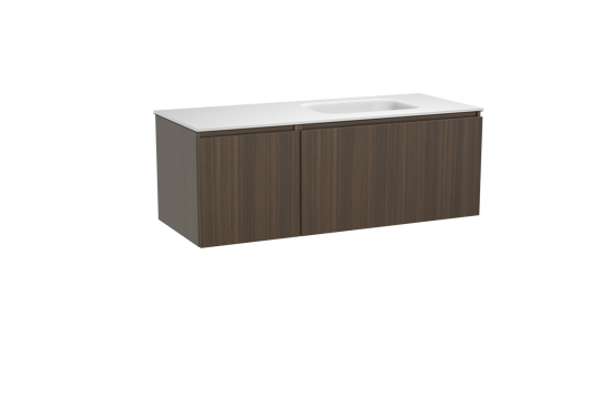 Balmani Sfera meuble salle de bains suspendu 135 x 55 cm eucalyptus avec Tablo Arcato plan vasque asymétrique à droite en solid surface blanc mat