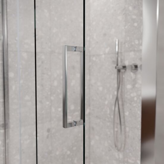 Balmani Senses Design douchehoek met linkse schuifdeur en vaste zijwand, 120 x 100 cm, Helder glas, Glanzend chroom profielen, met coating