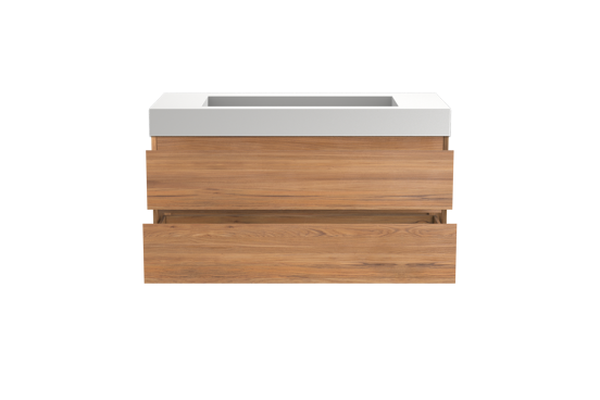 Balmani Mitra meuble salle de bains suspendu 120 x 55 cm teck avec Modus lavabo simple pour 2 trous de robinet en solid surface blanc mat