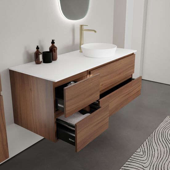 Balmani Lucida zwevend badkamermeubel 135 x 55 cm amerikaanse notelaar met Stretto enkel of dubbel tablet in solid surface mat wit