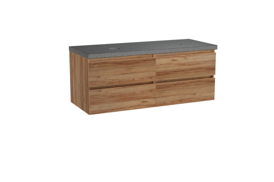 Balmani Lucida zwevend badkamermeubel 135 x 55 cm teak met Rock dubbel tablet in graniet zwart